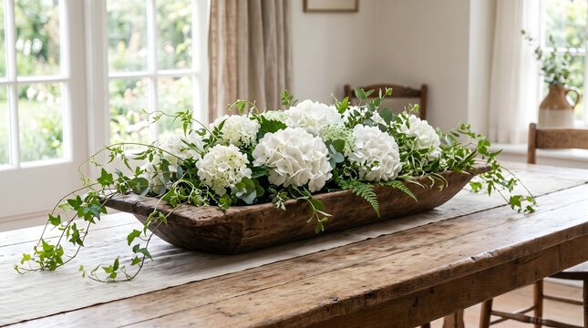 Floral arrangement on rustic wooden table. Elegant home decor with fresh white hydrangeas and greenery.