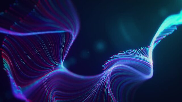 Smooth seamless looping animation featuring flowing particle ribbons with glowing blue and purple dotted lines, futuristic lighting and elegant motion for technology videos and presentations.