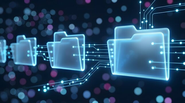 Digital data files moving through a futuristic network, symbolizing information flow and secure storage in a technological environment.