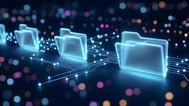 Digital folders with glowing connections showcasing seamless data flow and secure cloud storage in a futuristic network environment.