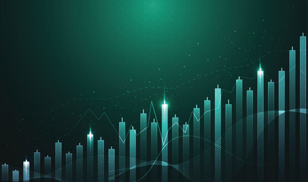 Abstract glowing green financial candlestick chart showing bullish growth and stock market uptrend background.