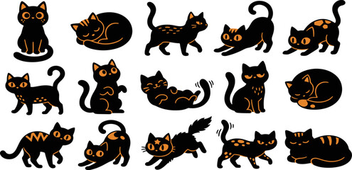 Obraz premium Set of cute black cat illustrations in various poses isolated on a white background for sticker designs