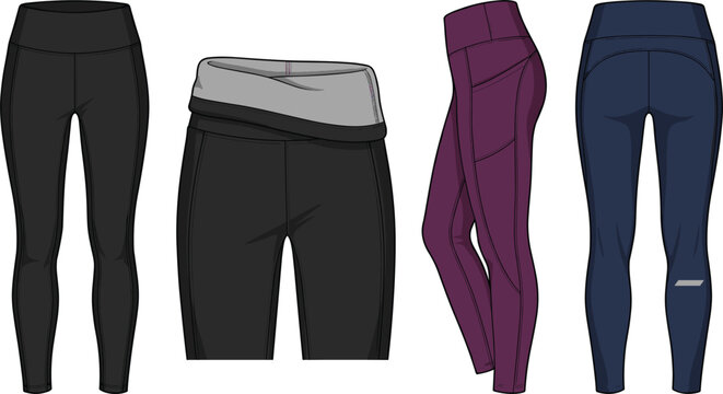 Women Activewear Leggings and Yoga Shorts Vector Set Featuring High Waisted Gym Pants with Pockets for Fitness Sportswear Design Mockups