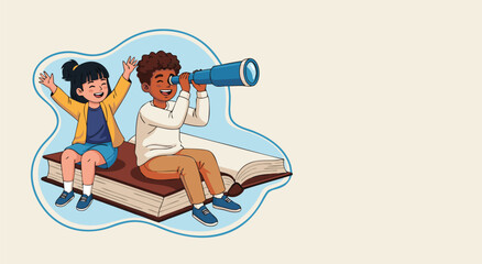 Vector illustration design of happy diverse children sitting on a giant open book and exploring with a telescope © Purnomo Semlirick