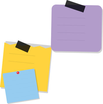 Colorful sticky note papers attached with black tape and a red push pin isolated on a white background surface