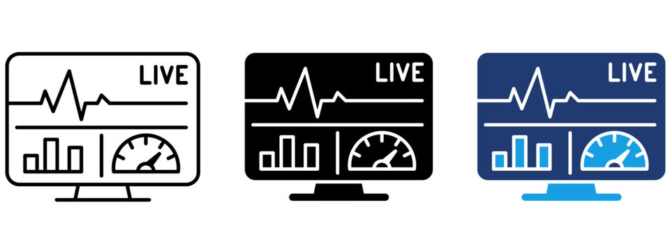 Live streaming analytics dashboard icon with pulse wave, bar chart, and speedometer. Symbol of real-time performance monitoring, system stats, data tracking, server status, and live reporting.