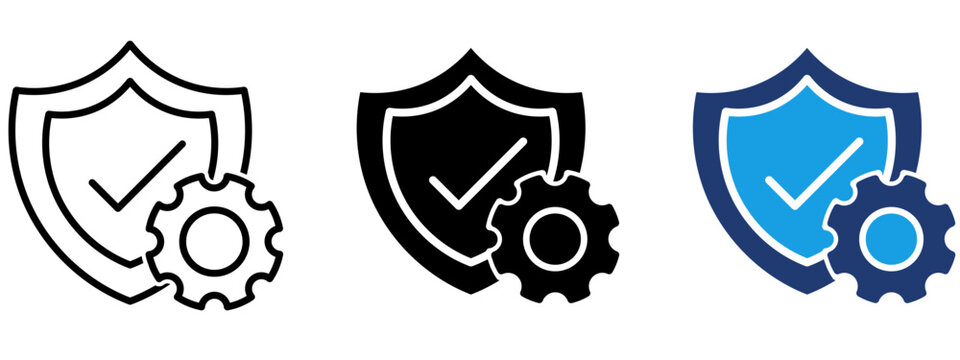 Security settings icon set featuring shield with checkmark and gear cog. Symbol of data protection, system configuration, cyber security, privacy management, safety settings, and account defense.