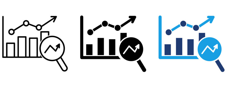 Data analytics icon with magnifying glass, bar chart, and growth line. Symbol of business intelligence, performance analysis, market research, statistics report, financial trend, and KPI monitoring.