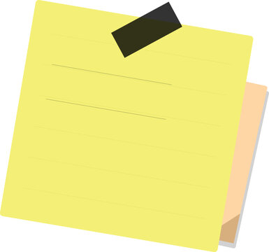 A bright yellow sticky note attached with black tape isolated on a white background for office reminders and notes