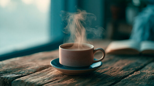 Steaming cup of coffee on wooden table with open book and window.
