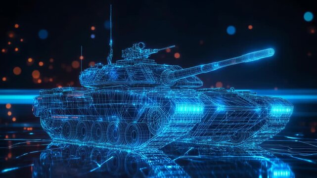 Futuristic armored tank projected in glowing hologram style on dark technology background with digital grid particles military defense concept virtual combat training and advanced war simulation scene