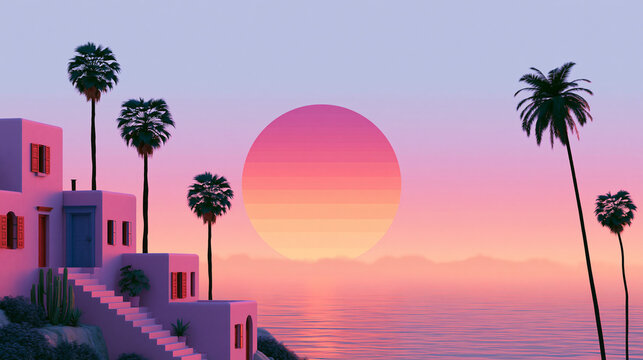 Vaporwave style tropical landscape with pink sunset and white coastal architecture.