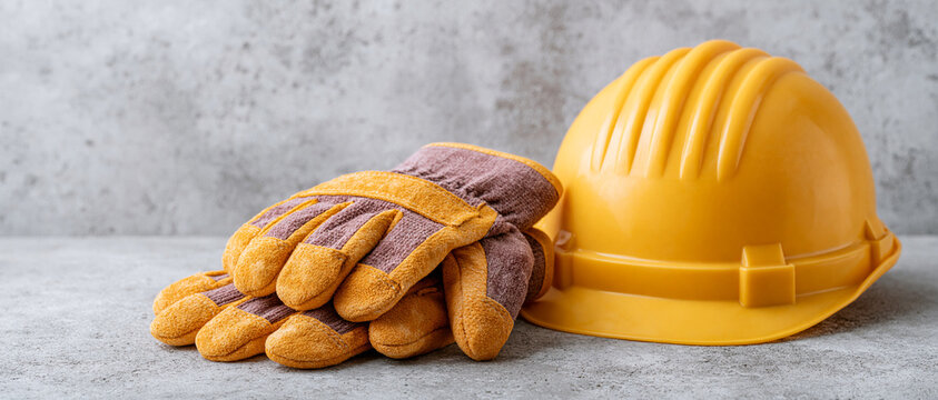 Yellow hard hat and protective leather work gloves on concrete surface.