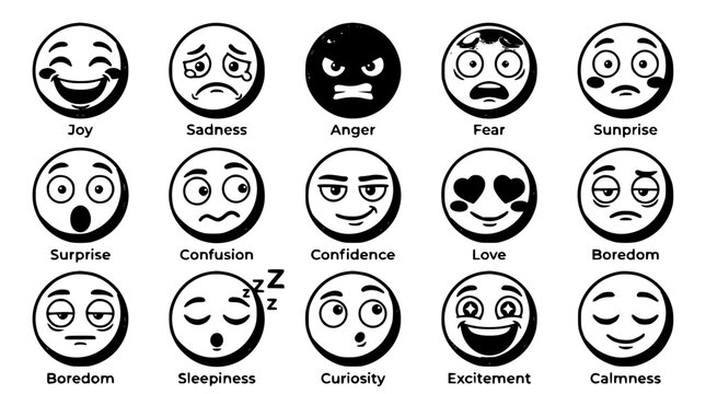 Cartoon emoji face expression icon set featuring joy sadness anger fear surprise and confidence mood characters
