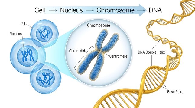 Detailed scientific illustration showing the biological hierarchy from cellular structures to chromosomal centromeres and the DNA double helix concept