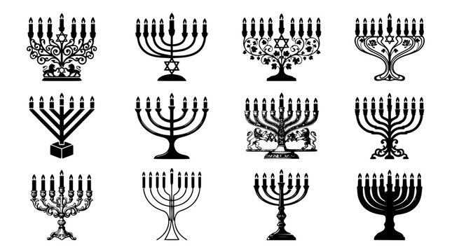 Hanukkah menorah silhouette vector icon set featuring traditional jewish holiday candle holders isolated on a white background
