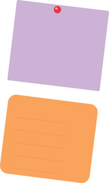 A purple sticky note attached with a red push pin above an orange sticky note on a white background
