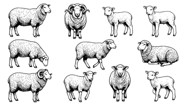 Farm Sheep and Ram Vintage Sketch Vector Set Featuring Ewes Lambs and Horned Animals for Wool Production Branding and Organic Livestock Agriculture Graphic Designs