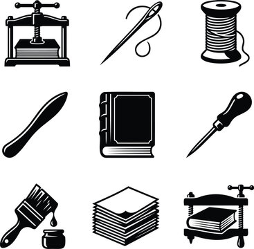 Collection of classic bookbinding tools and materials including a book press needle and thread spool