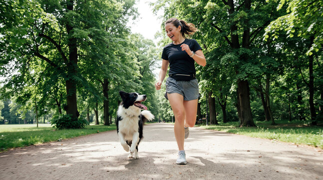 A happy young woman in her 30s enjoys a morning run with her border collie dog on a sunny path through a lush green park, reflecting a healthy and active lifestyle.