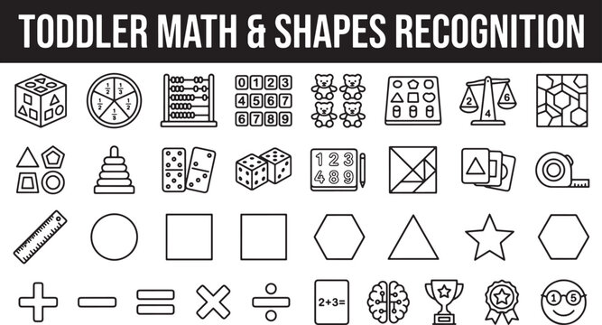 Educational math and geometry icons for toddlers featuring numbers shapes and counting tools in linear vector style