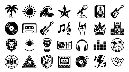 Fototapeta premium Reggae and Rock Music Culture Bold Line Icon Set Featuring Guitars Vinyl Records Cassettes Speakers Headphones Lion Head and Palm Tree Graphics