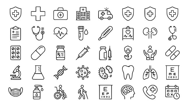 Medical healthcare and health insurance outline icon set with hospital clinics safety shields virus cells laboratory equipment and emergency medical care vector symbols