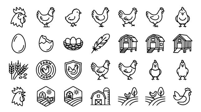 Chicken Farm and Poultry Breeding Line Icon Set with Roosters Hens Chicks Eggs Coops Agricultural Badges and Organic Countryside Farming Vector Symbols