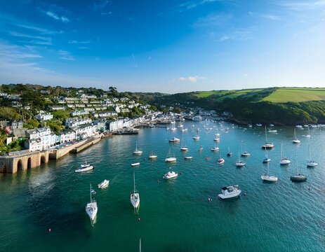 aerial view of salcombe harbour with boats moored along the waterfront and lush hills in the distance