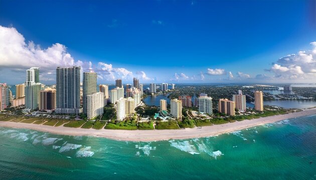 aerial view of aventura city skyline with high rise buildings a beach lush greenery and residential areas