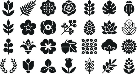 Botanical solid icon set featuring minimalistic plant silhouettes flowers leaves and floral elements for graphic design © Mukta