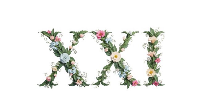 Floral decorative xxi monogram with greenery isolated on transparent background