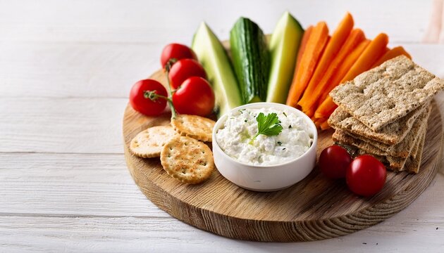 cottage cheese high protein dip with fresh vegetables bread and crackers on wooden white table copy space eating diet healthy curd cheese spread with various snacks