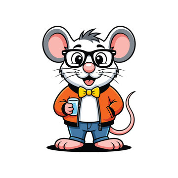 Cartoon mouse character wearing glasses and jacket holding a drink presented as a colorful vector illustration rodent murine graphic design