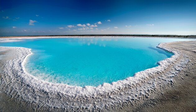 natural salt evaporation pool with vibrant blue water and white salt crystals