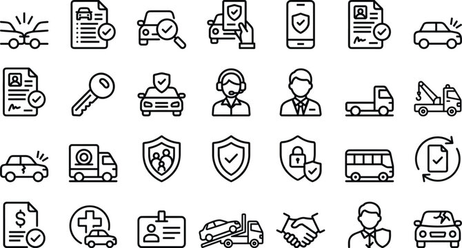 Car insurance and roadside assistance line icons vector set representing vehicle protection accident coverage and repair services