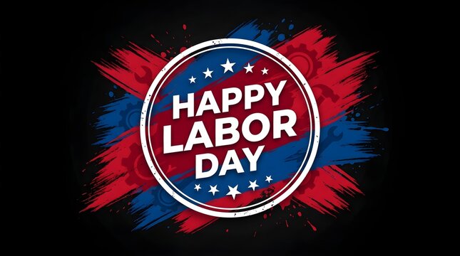 Happy Labor Day greeting card with patriotic red and blue paint brush strokes, American holiday typography on black background, industrial gear icon