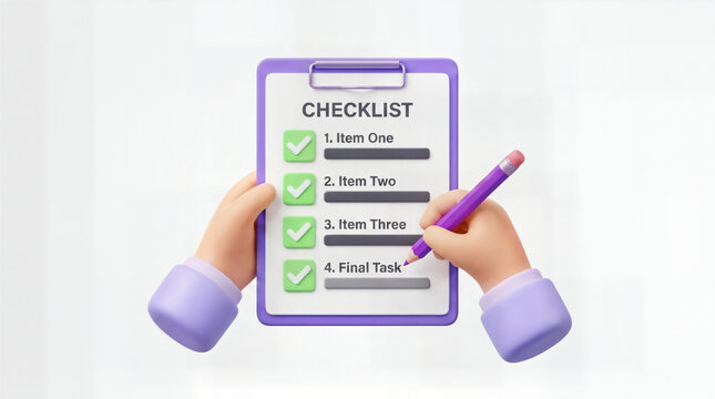 Cartoon style three dimensional hands holding a purple clipboard with a checklist while using a pencil to mark items on a white background for a professional business project management concept.