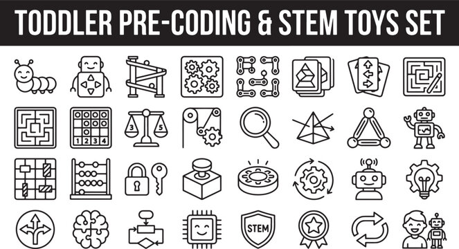 Set of toddler pre coding and stem education icons in thin line style for learning development