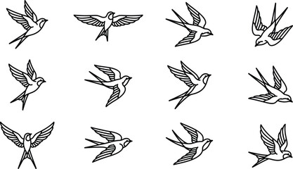 Fototapeta premium Minimalist swallow bird line art vector illustrations set of flying barn swallows for logo and tattoo design