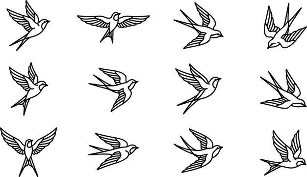Minimalist swallow bird line art vector illustrations set of flying barn swallows for logo and tattoo design