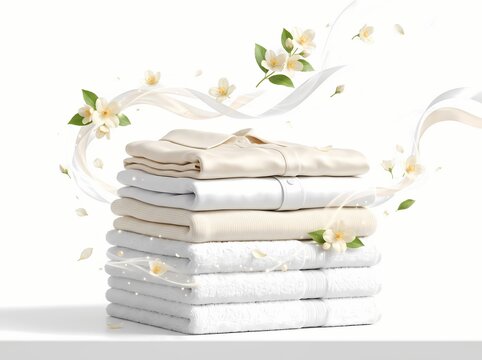 Freshly laundered clothes and towels stacked neatly with blooming white flowers and swirling breeze
