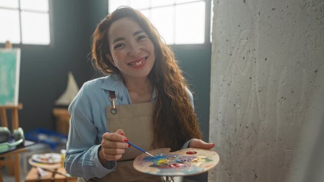 Woman painter holds paintbrush and palette with hand, smiling while facing canvas in studio; serenity.