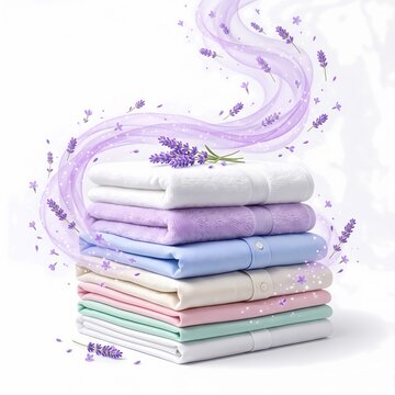 A Stack of Clean, Folded Laundry with Lavender Scent Wafting Gently Above