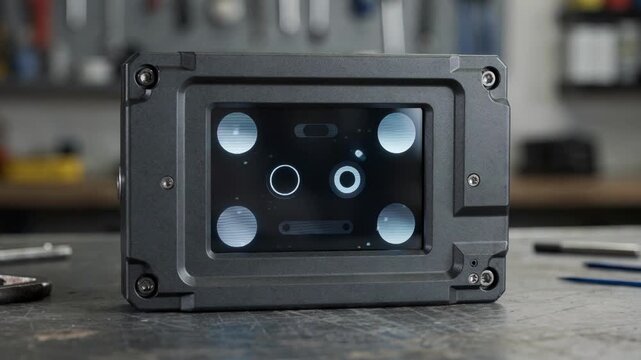 Medium shot of a diagnostic transmitter unit showing fault flagging on its display module edges crisp and clean while the workshop environment remains softly blurred.
