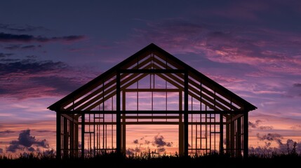 Fototapeta premium A wooden building frame stands tall as the sun rises, casting shadows against a colorful sky.