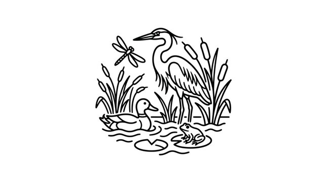 Elegant Black and White Line Drawing of Wetland Wildlife Featuring Crane Duck Frog Dragonfly and Reeds