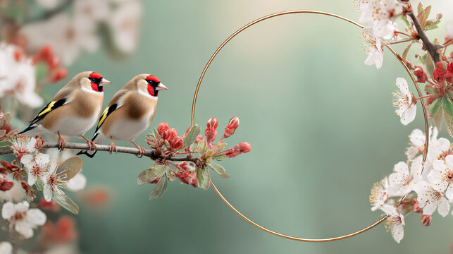 Delicate cherry blossoms with two small birds surround a circular golden frame, creating a refined spring background with copy space. Invitations, greeting cards, branding, seasonal mockups.