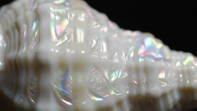 Iridescent white seashell closeup showing opalescent surface and textured ridges against black background