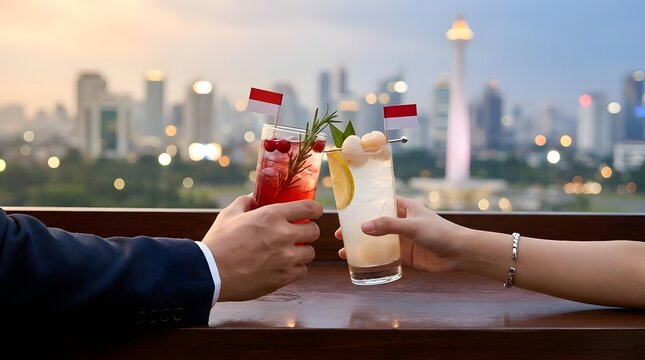 Toasting cocktails with Monas landmark and city view.